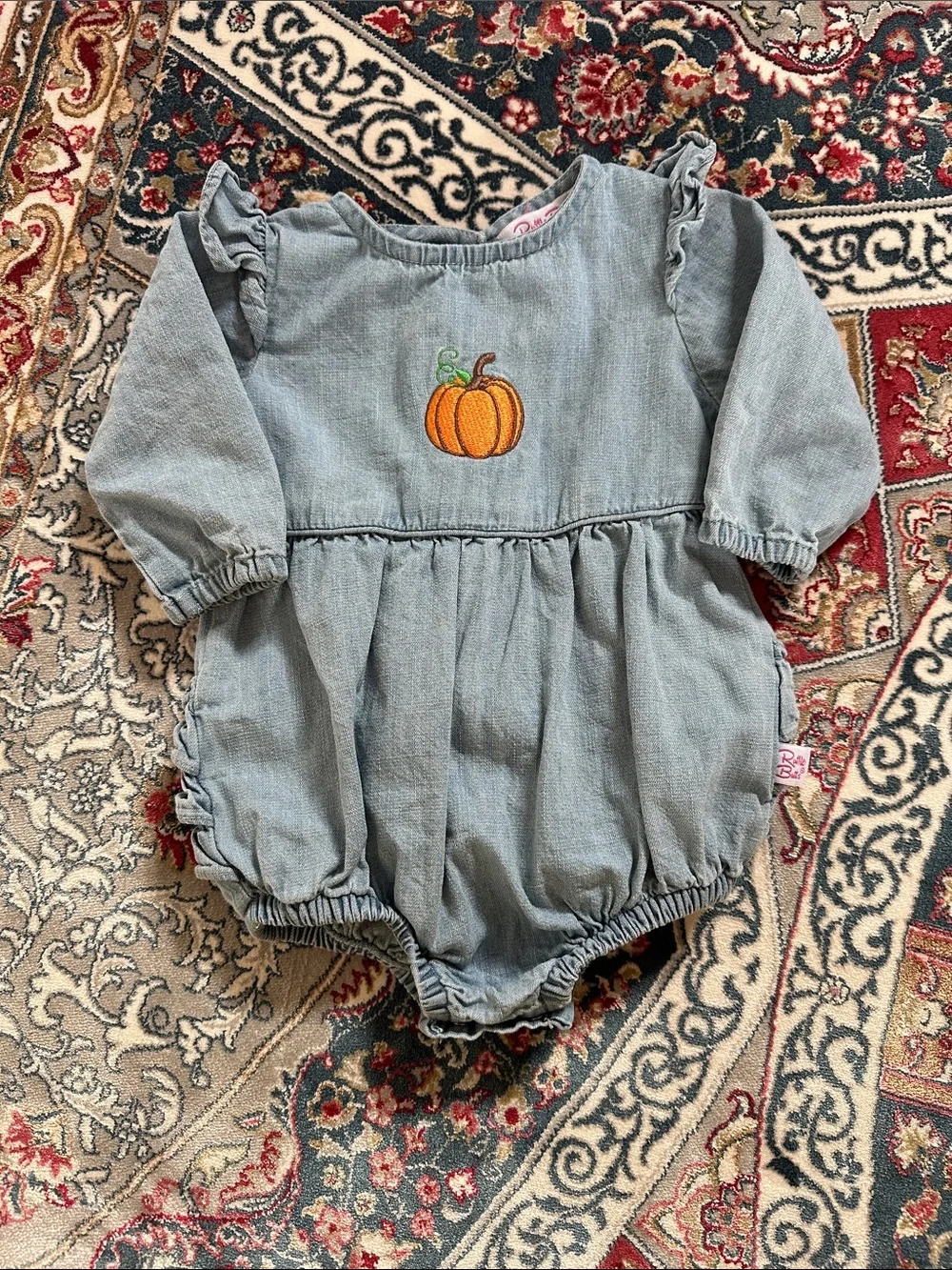 Ruffle Butts Light Blue Denim bubble with pumpkin Embroidery